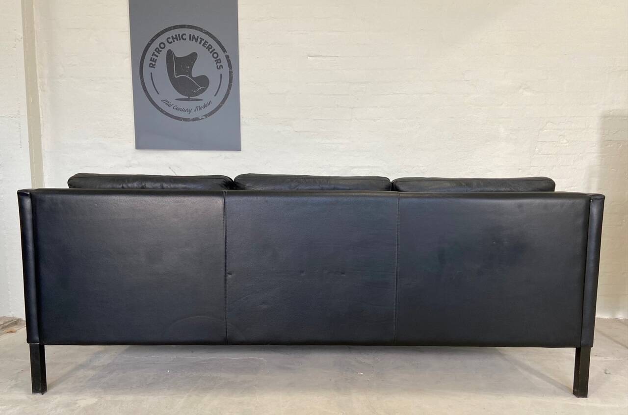 Vintage danish black leather 3 person stouby sofa