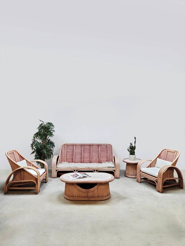 Ensemble de salon vintage en rotin rose et bambou