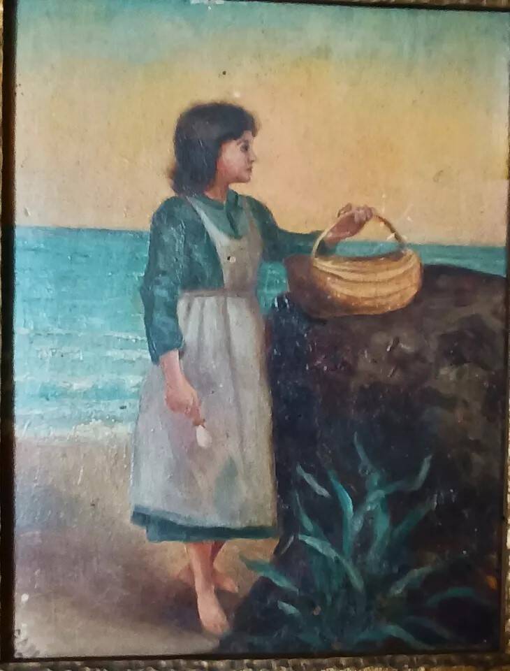 Peinture sur panneau à cadre paysan doré signée 1915