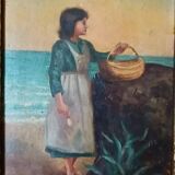 Peinture sur panneau à cadre paysan doré signée 1915