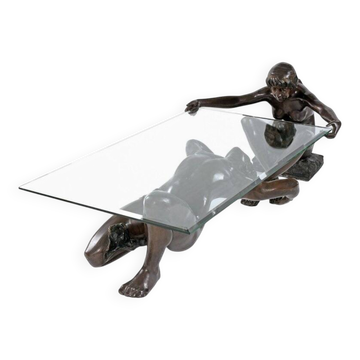 Table basse en bronze avec sculpture figurative et plateau en verre par C. Conndray