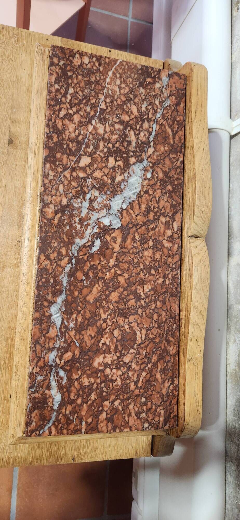 wood and marble bedside table revamped in terracotta