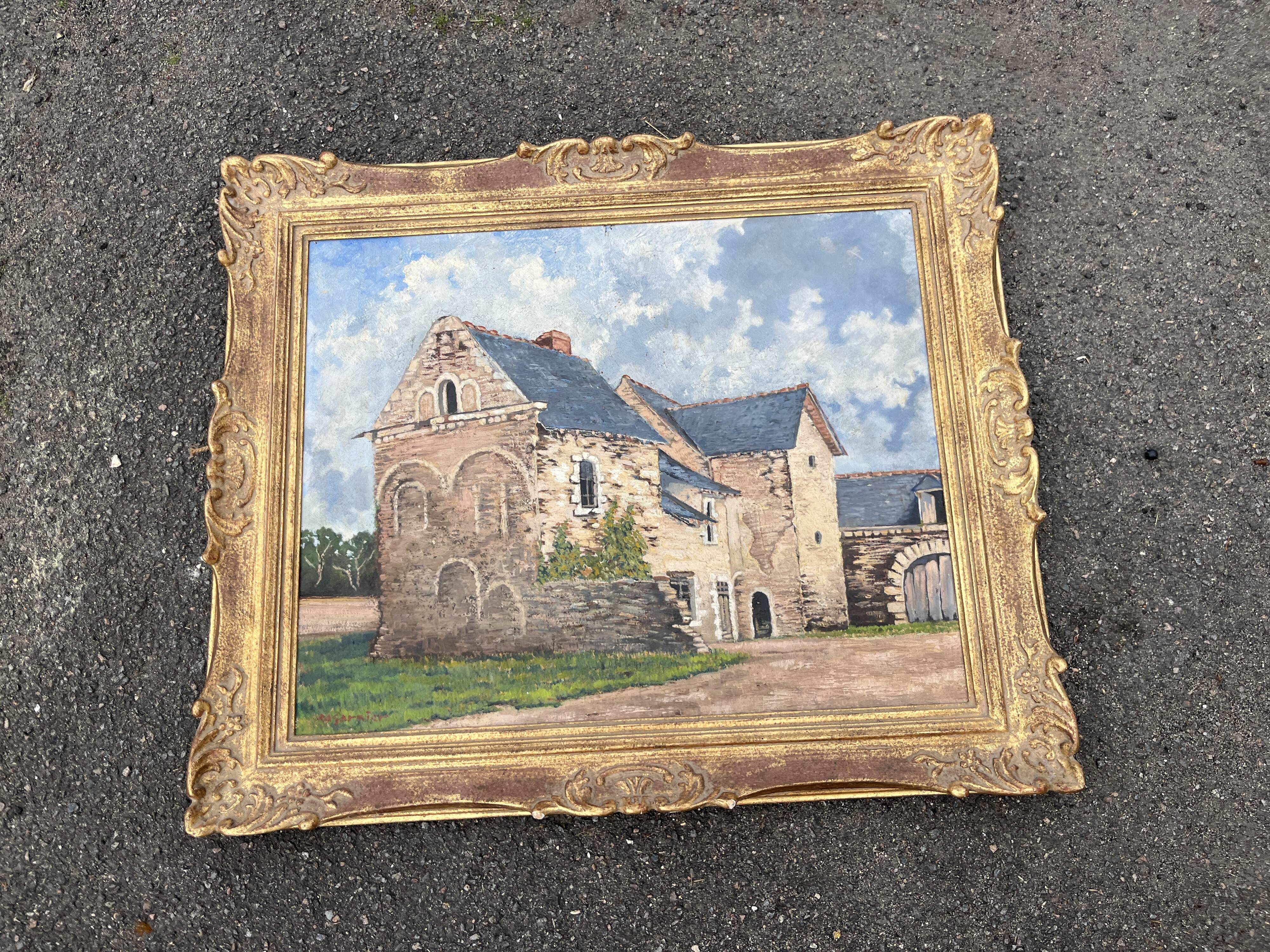 Oil painting of a Breton manor signed M. Garnier in a gilded frame - Antique