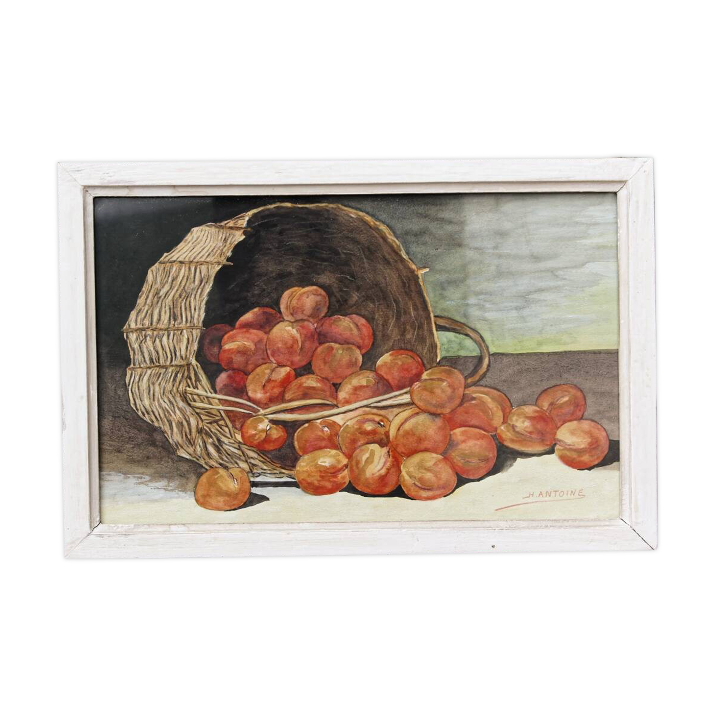 Nature morte, aquarelle, panier aux abricots