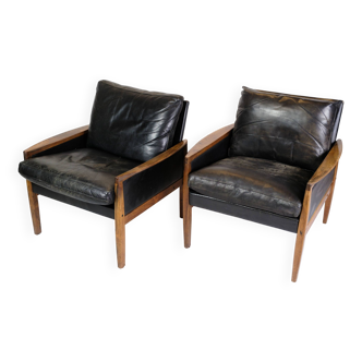 Armchairs Made In Rosewood & Black Leather Cushions By Hans olsen From 1960s