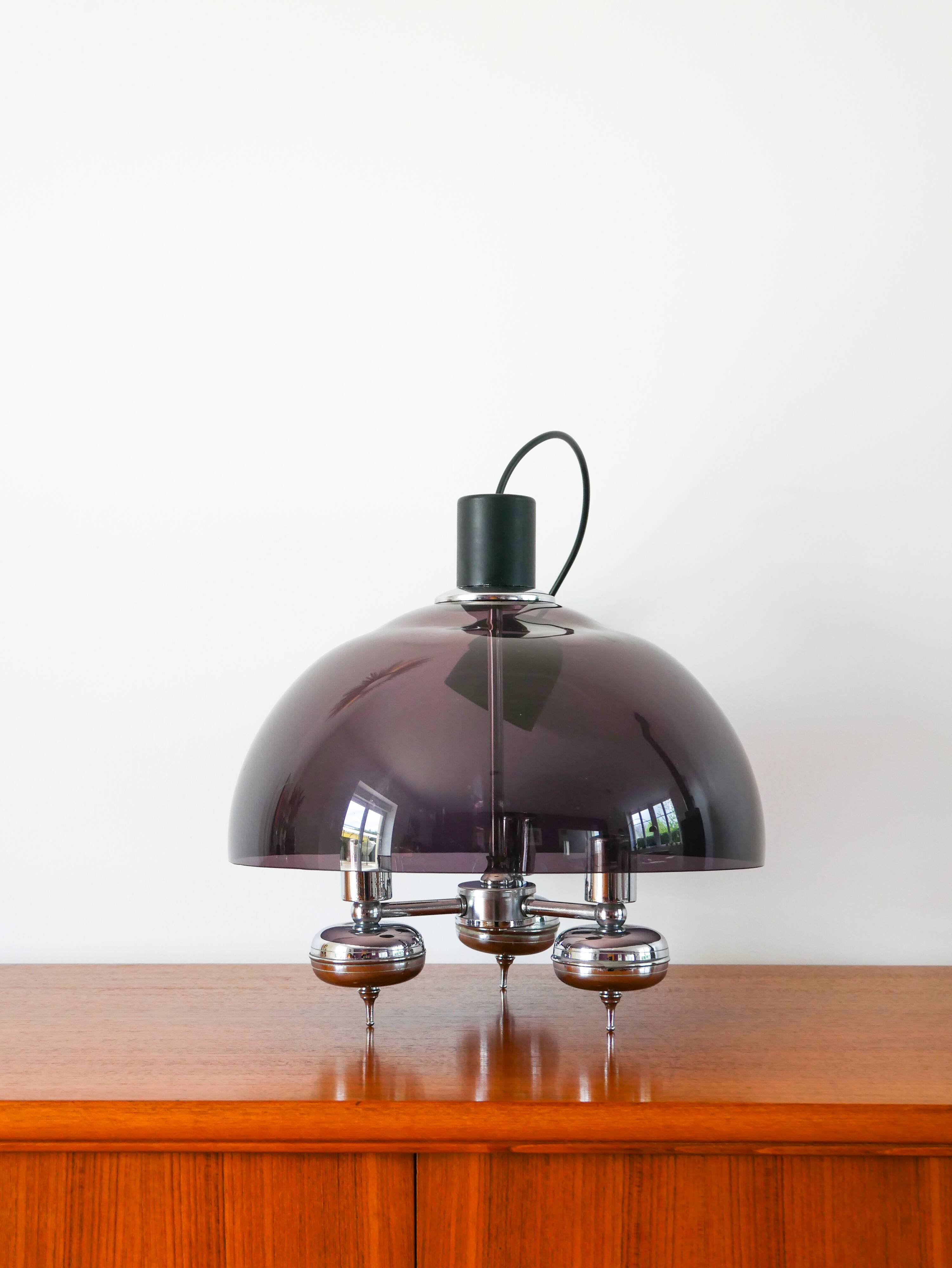 Three-branched chandelier in smoked plexi and chrome, Space Age, 1970