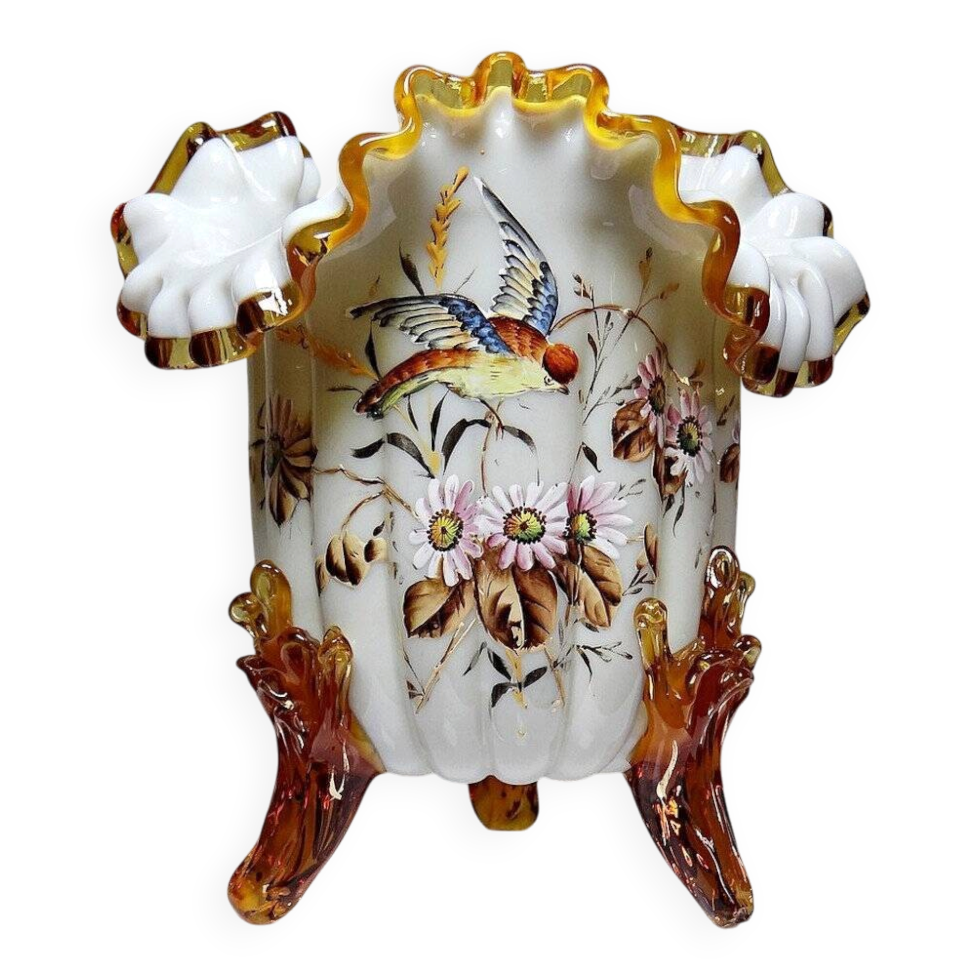 Vase tripode de style victorien en opaline émaillée, XIXe-XXe s.