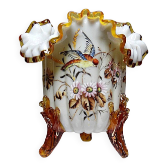 Antique tripodal opaline vase, enamelled, 19th-20th century Victorian style.