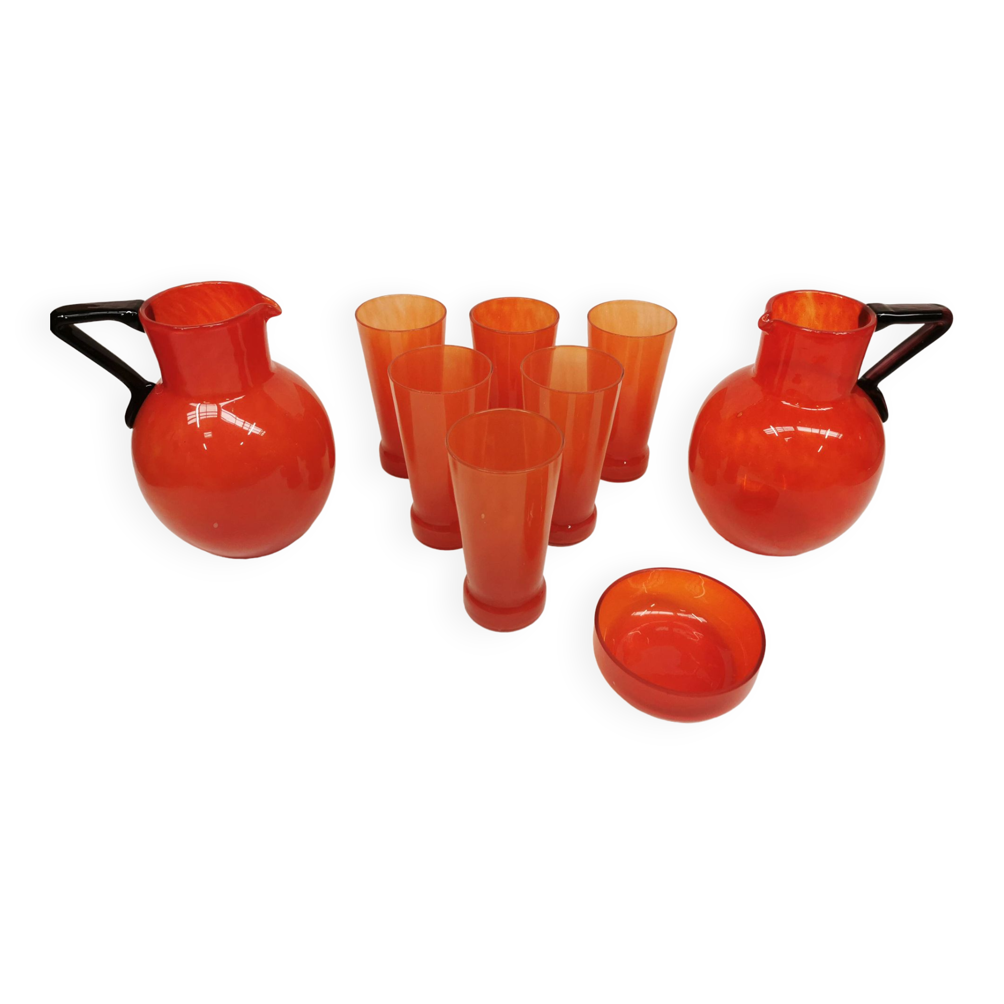 Schneider Orangeade / Lemonade Service, Le Verre Français. 2 Pitchers and 6 Glasses
