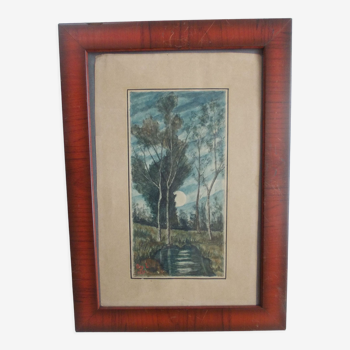 Framed watercolor signed ORY L. 1937 Stream in the moonlight, trees forest meadow twilight