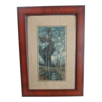 Framed watercolor signed ORY L. 1937 Stream in the moonlight, trees forest meadow twilight