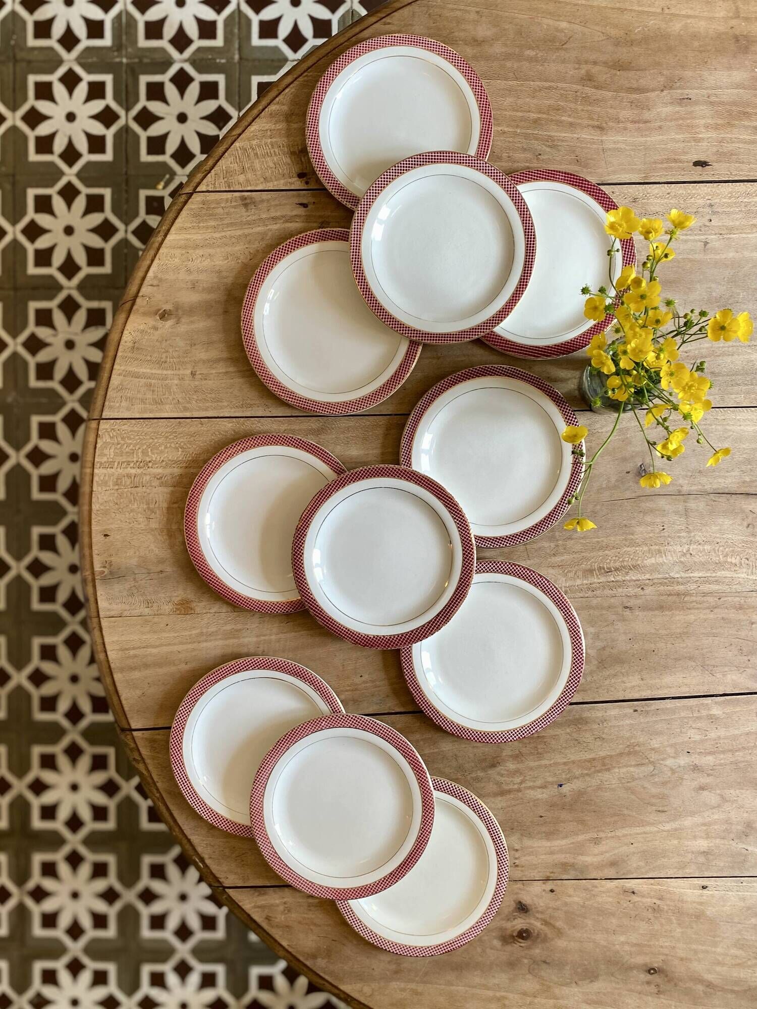 Set of 11 vintage dessert plates - Monaco red model by Salins