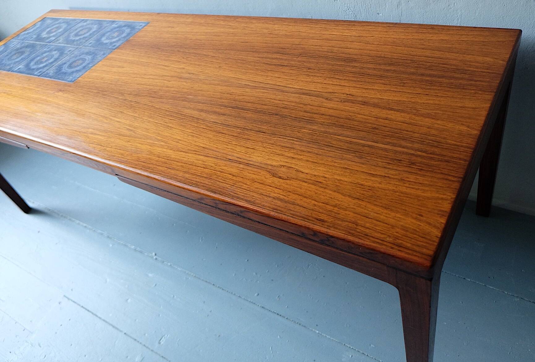Rosewood coffee table with blue ceramic tiles, Denmark 1960s