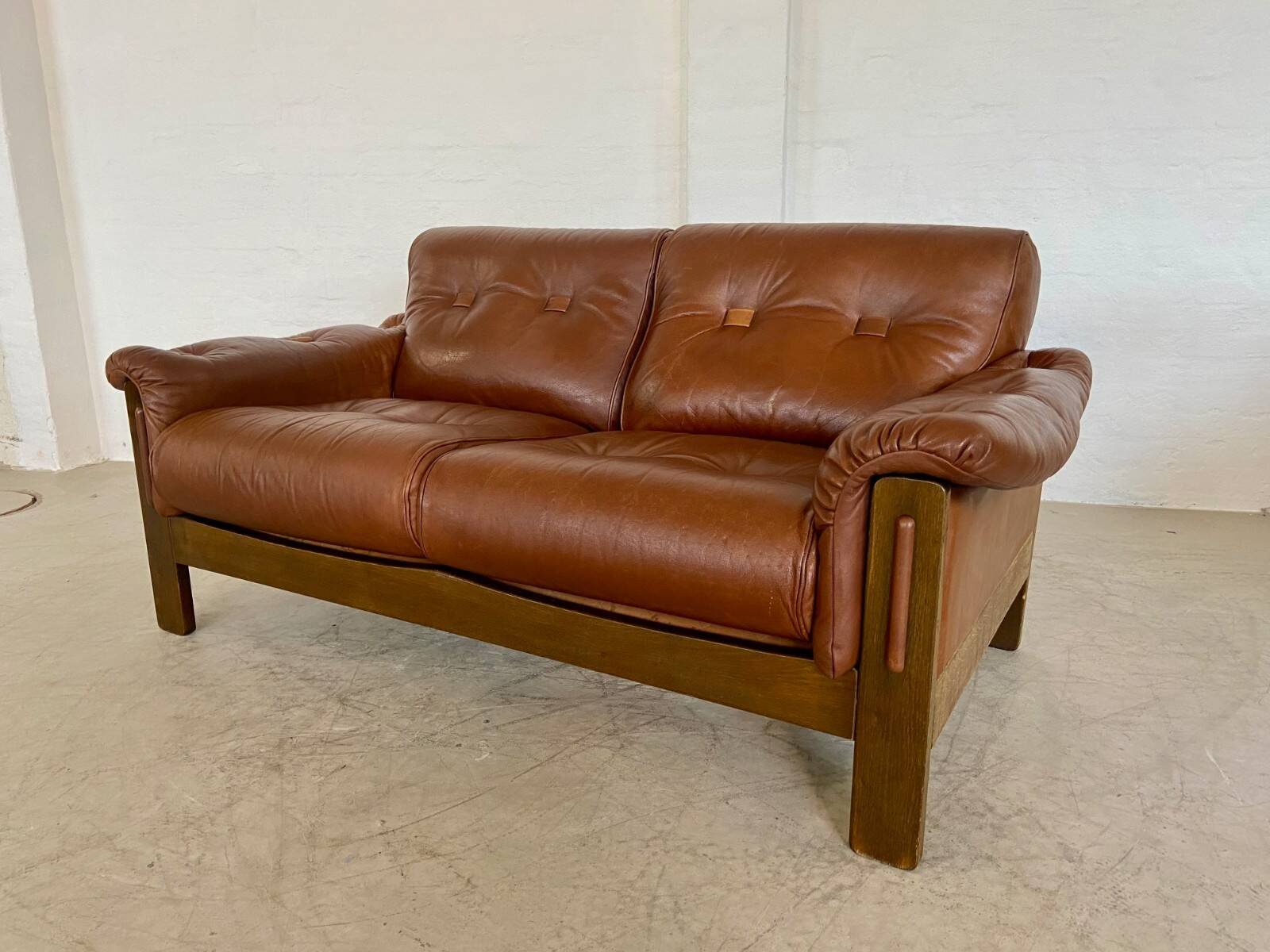 Vintage Danish mid-century cognac brown leather 2-seater Stouby 1970s
