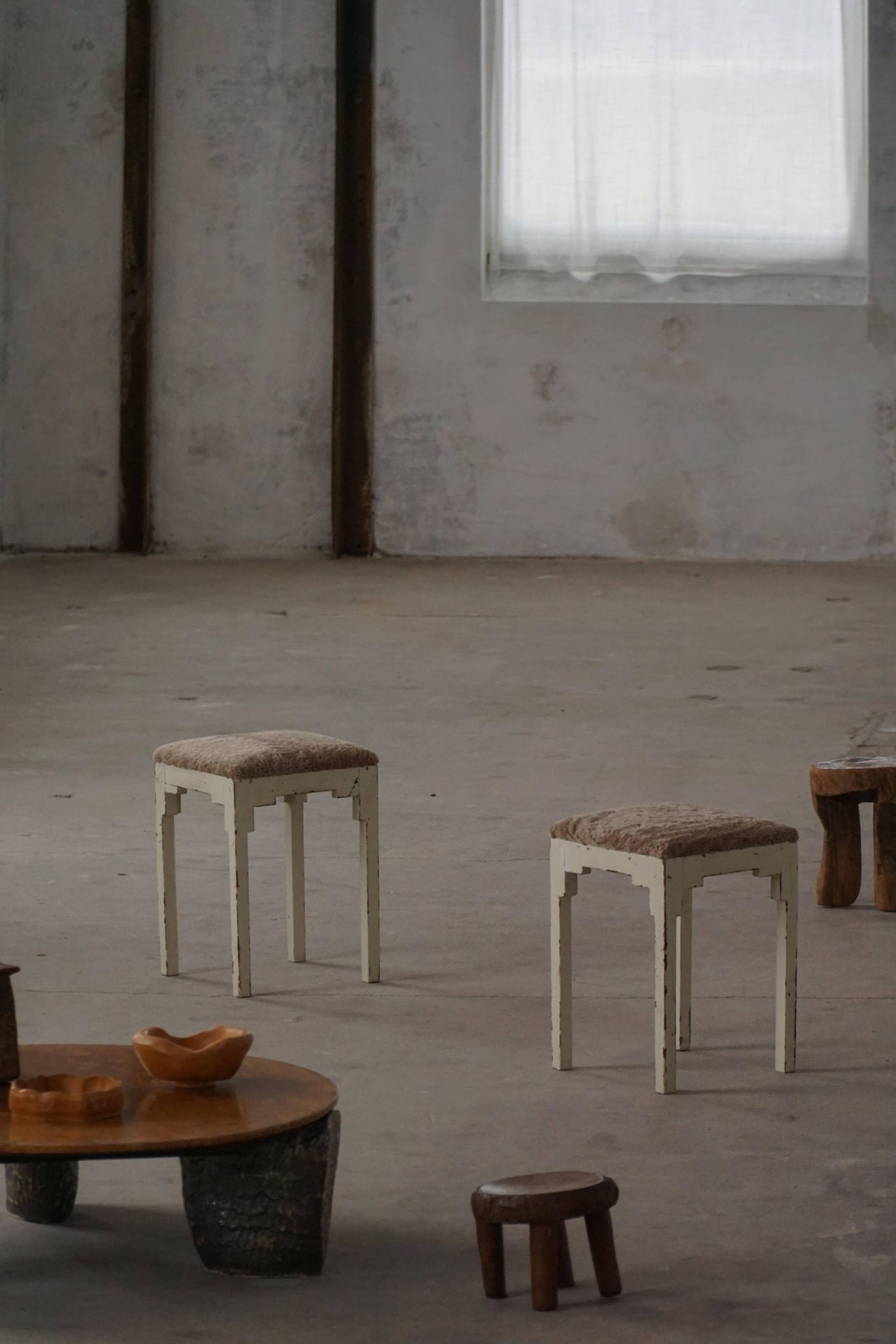 A pair of antique Danish stools, seats in lambswool, late 19th century.