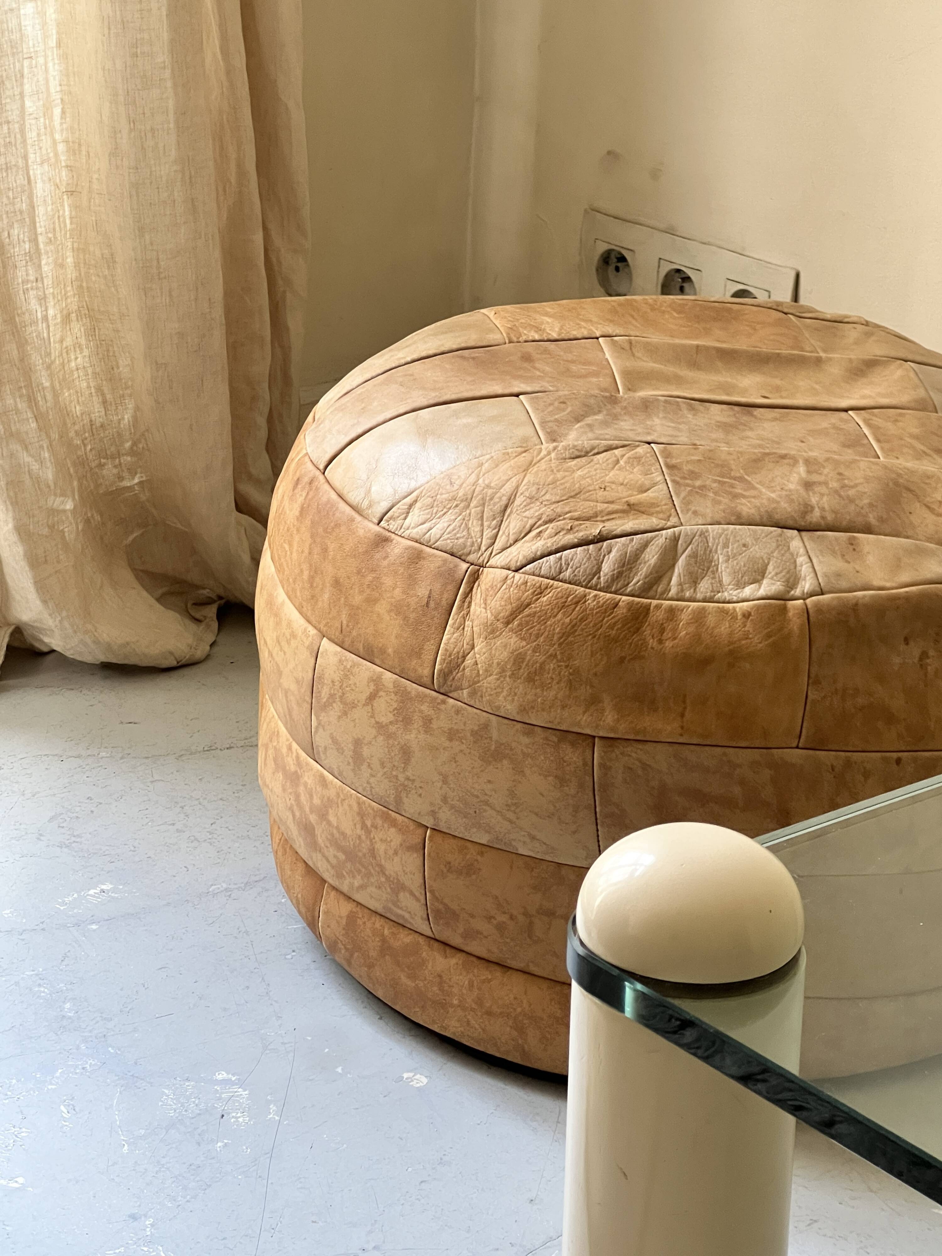 Pouf patchwork of natural cognac leather by De Sede, design 1970.