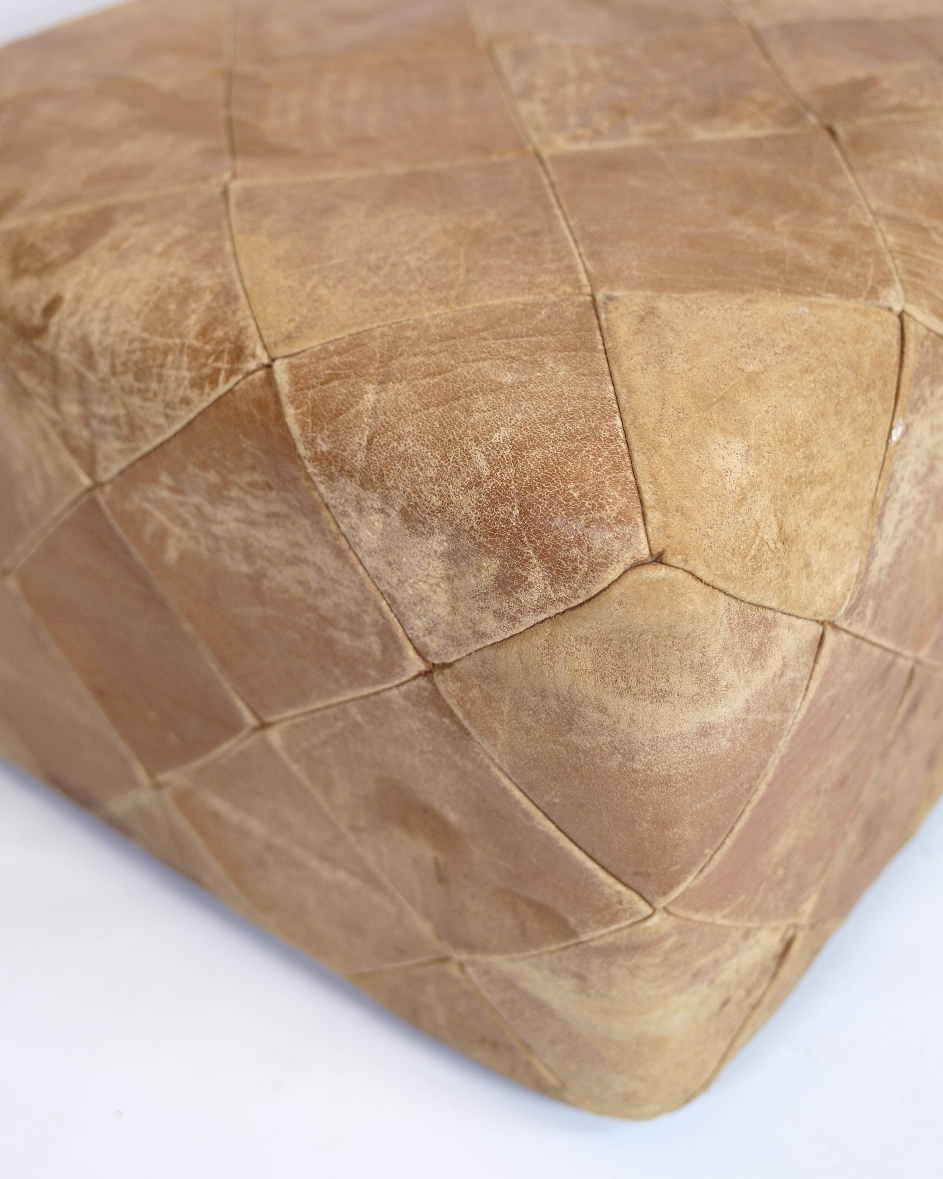 Vintage leather pouf - natural leather - natural patina - hand-sewn - square - 1970s