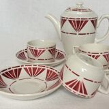 Set of 3 saucer cups and a ceramic coffee maker or teapot Digoin Sarreguemines