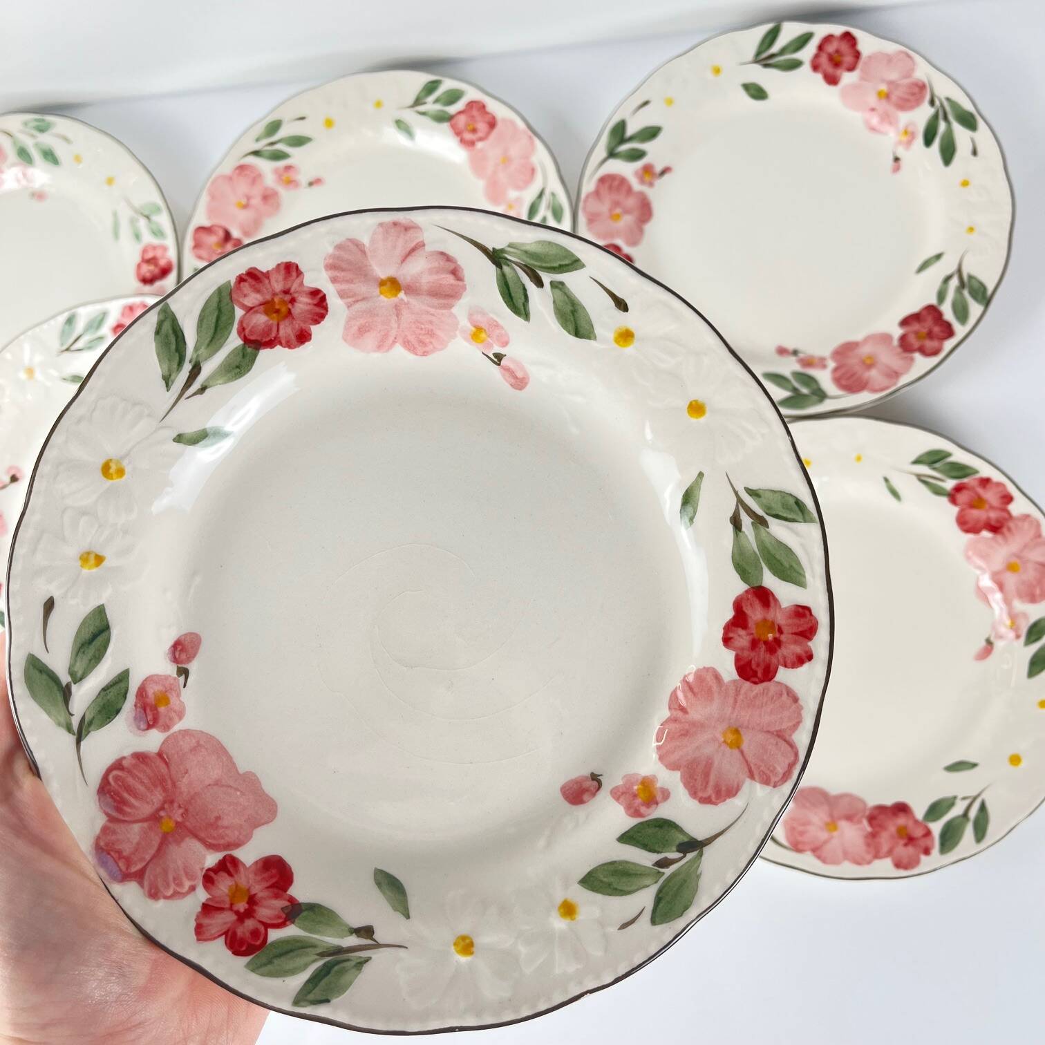 Set of 8 dessert plates: Cameo Florals Malaysia porcelain 1970–90
