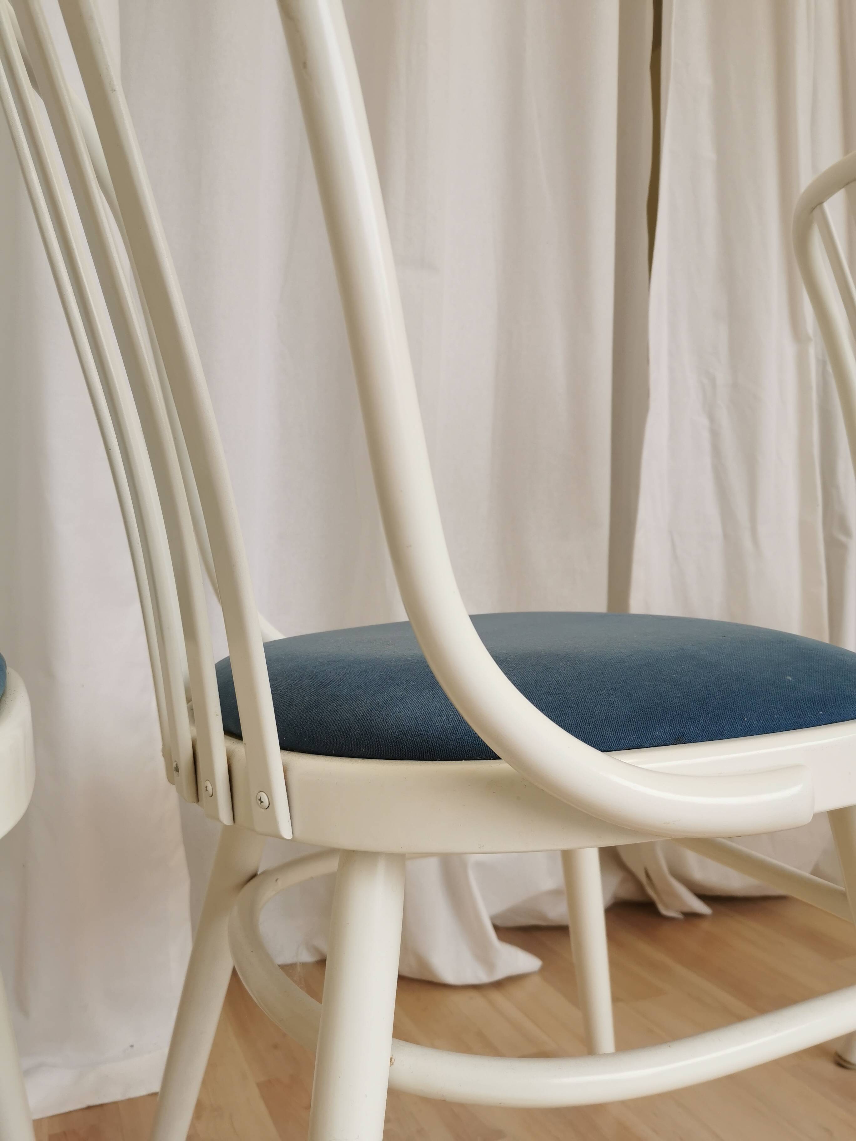 Set of 4 Vintage Bentwood White Dining Chairs in Ligna Style wit Blue Seat