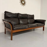 Vintage black leather Dreipunkt Scala design 3-seater sofa in teak.