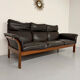 Vintage black leather Dreipunkt Scala design 3-seater sofa in teak.