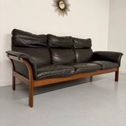 Vintage black leather Dreipunkt Scala design 3-seater sofa in teak.