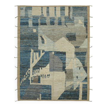 Handwoven Turkish Rustic 275 cm x 365 cm Blue Wool Carpet