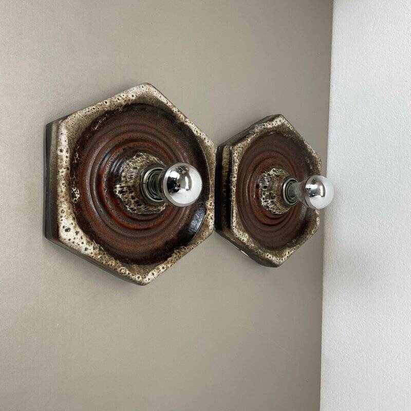 Modernist fat lava ceramic wall lamps by Pan Ceramics, Germany, 1970s, set of 2