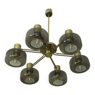 Hans-Agne Jakobsson brass and glass large chandelier, 1960s