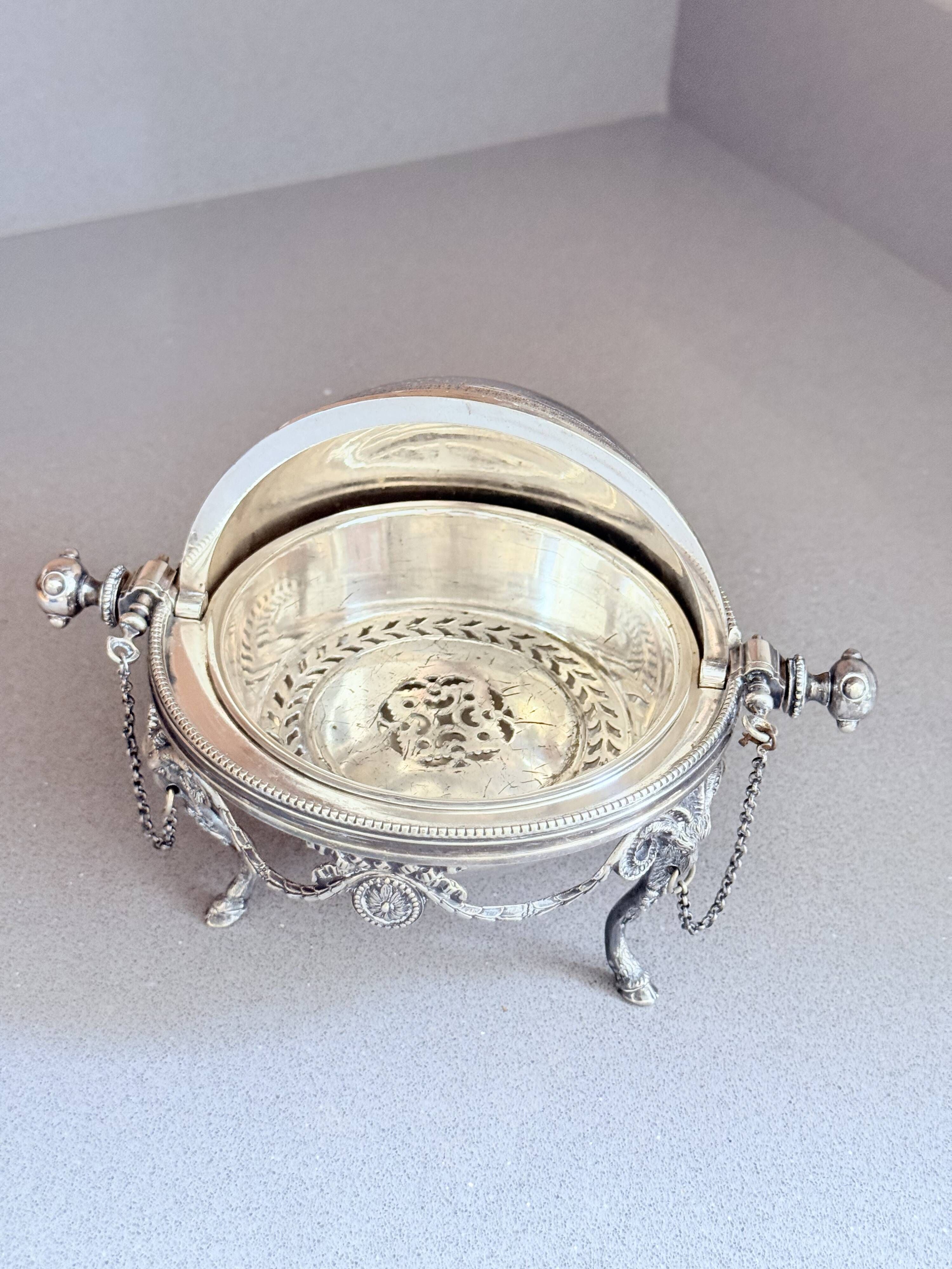 Antique English Silver-Plated Roll-Top Caviar Dish with Ram’s-Head Decoration