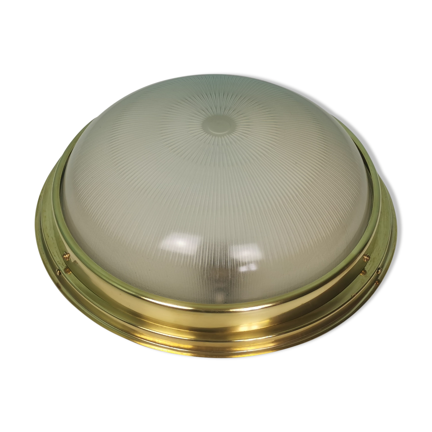 Brass holophane glass ceiling light