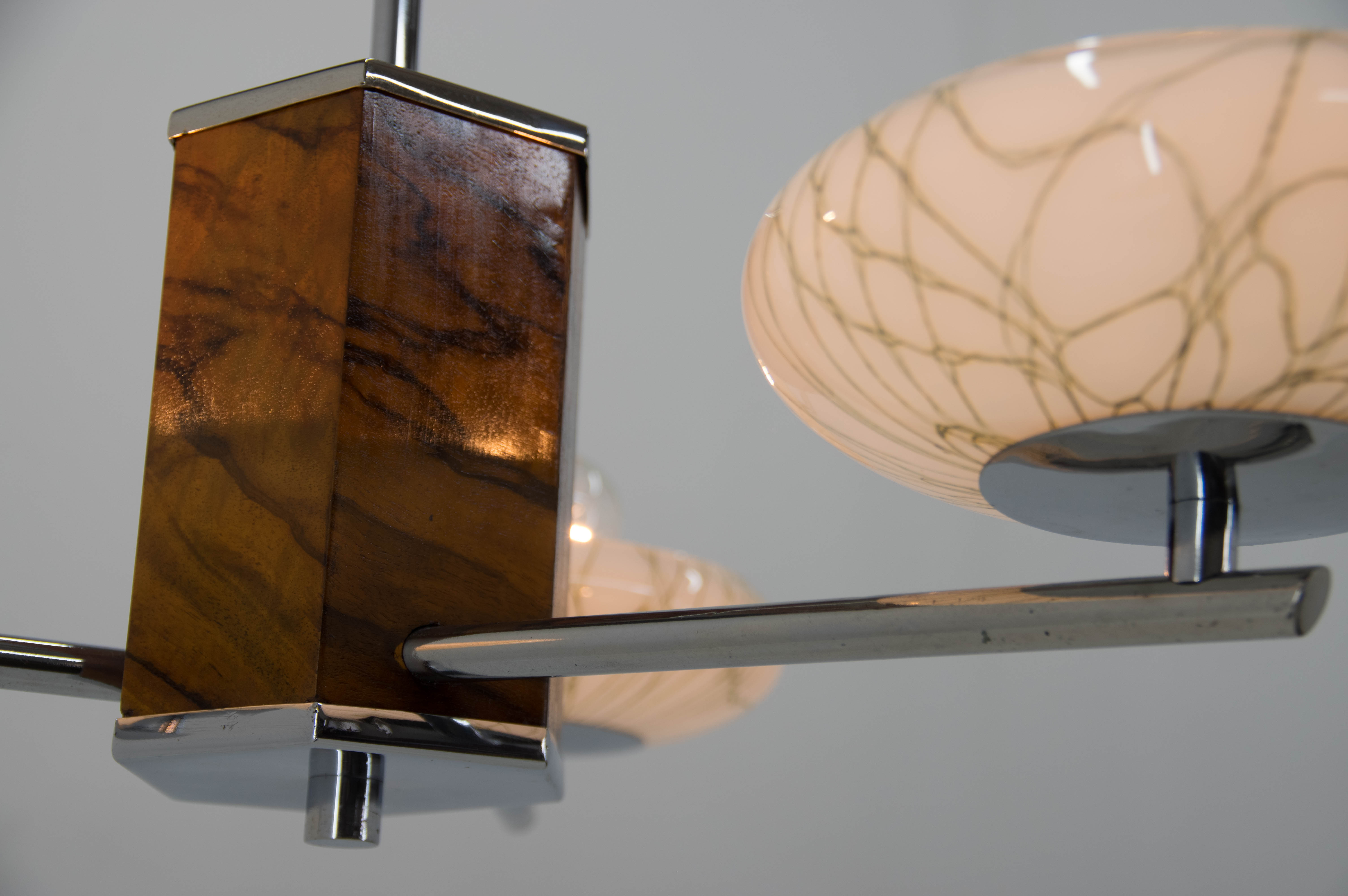 Art deco wood chrome and glass chandelier, 1940s, restored