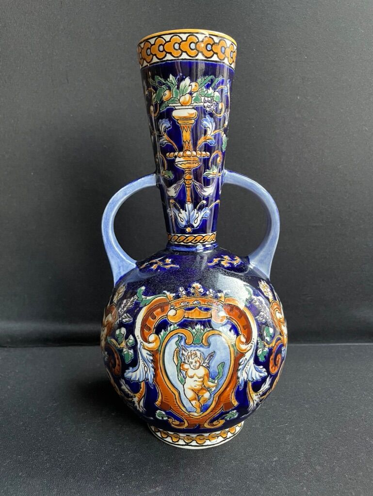 Vase with 2 handles earthenware gien decoration italian renaissance stamped