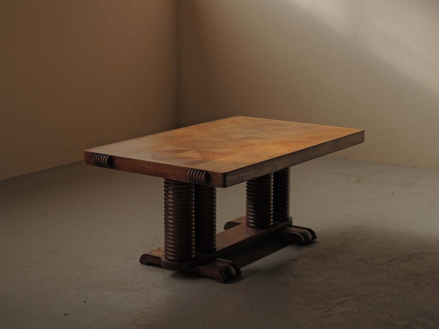 Solid oak table with marquetry, France, circa 1940.