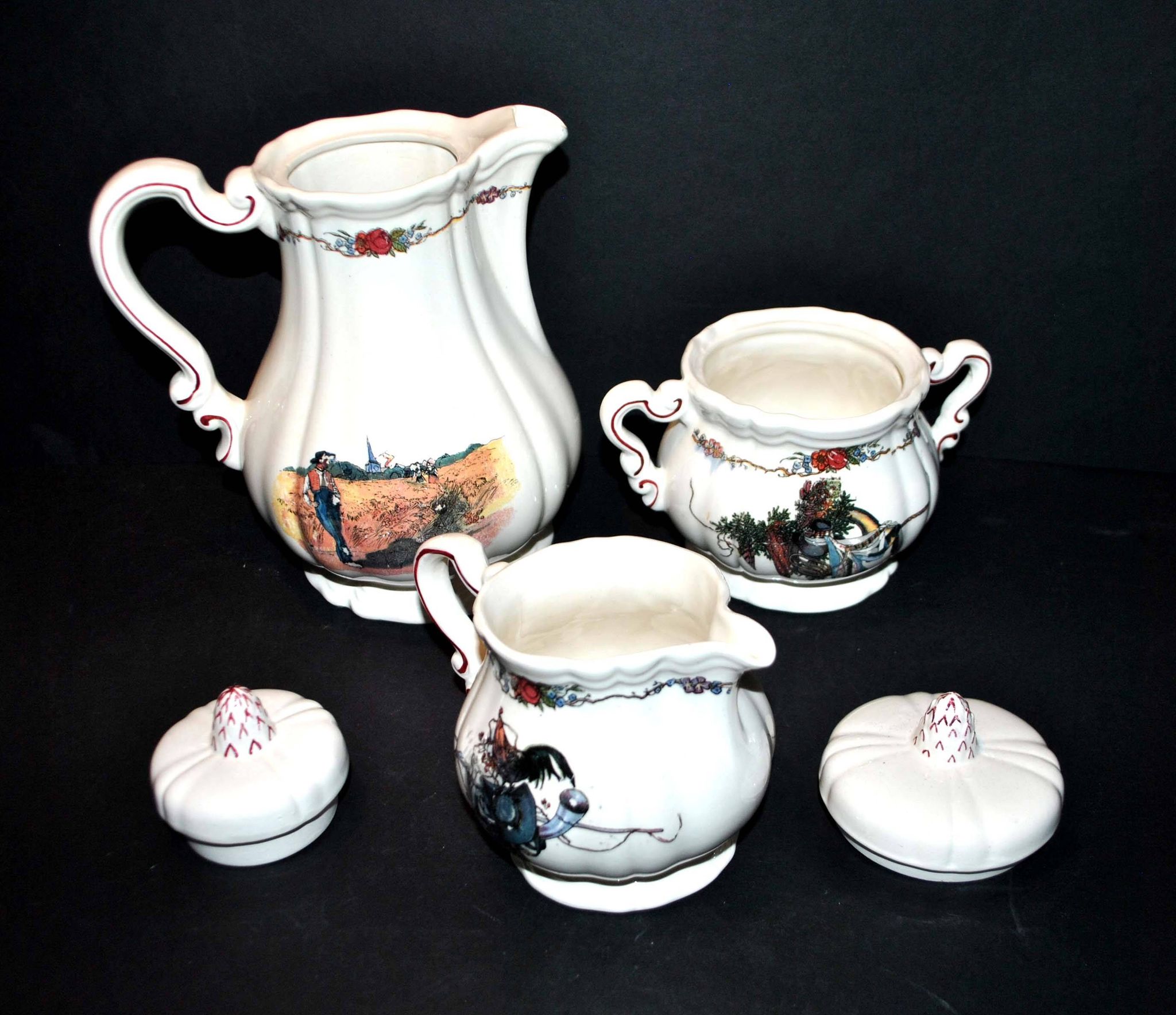 Obernai coffee service in sarreguemines earthenware coffee maker sugar bowl and milk