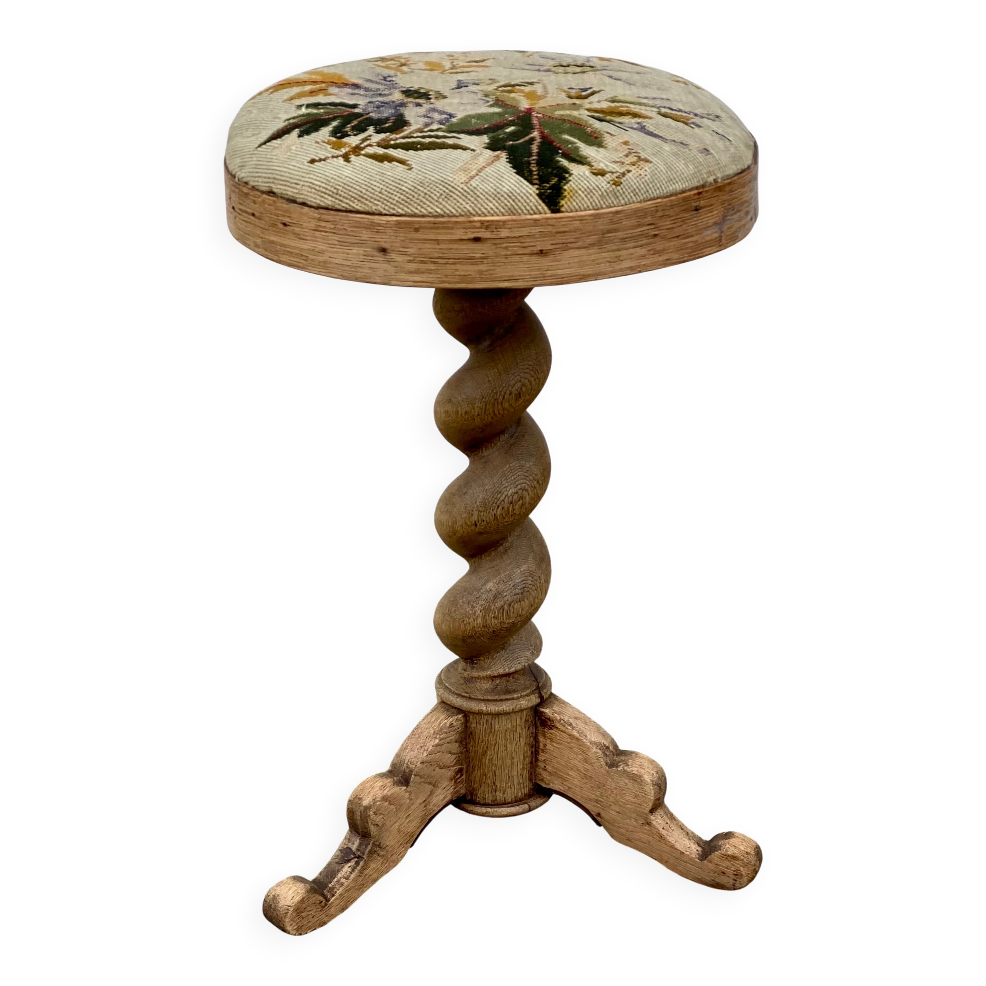 19th-century stool with twisted oak legs and embroidery.