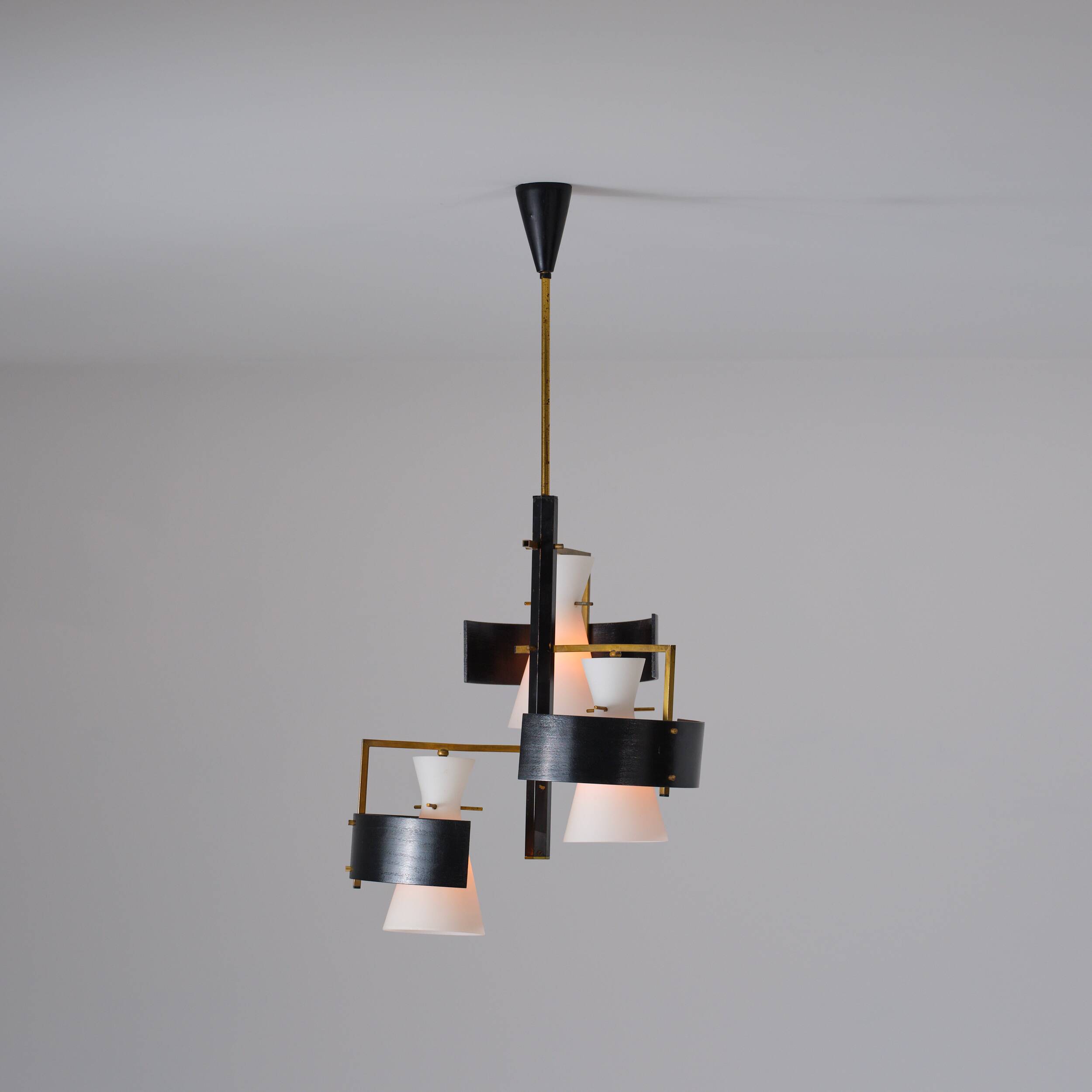1950s Italian Brass & Black-Lacquered Chandelier with Opaline Glass Shades