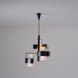 1950s Italian Brass & Black-Lacquered Chandelier with Opaline Glass Shades