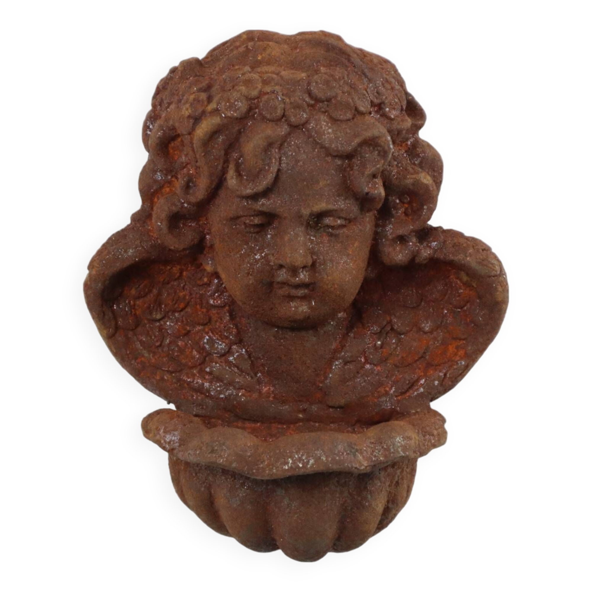 Garden ornament Cast iron Angel Cherub Water vessel Rust color