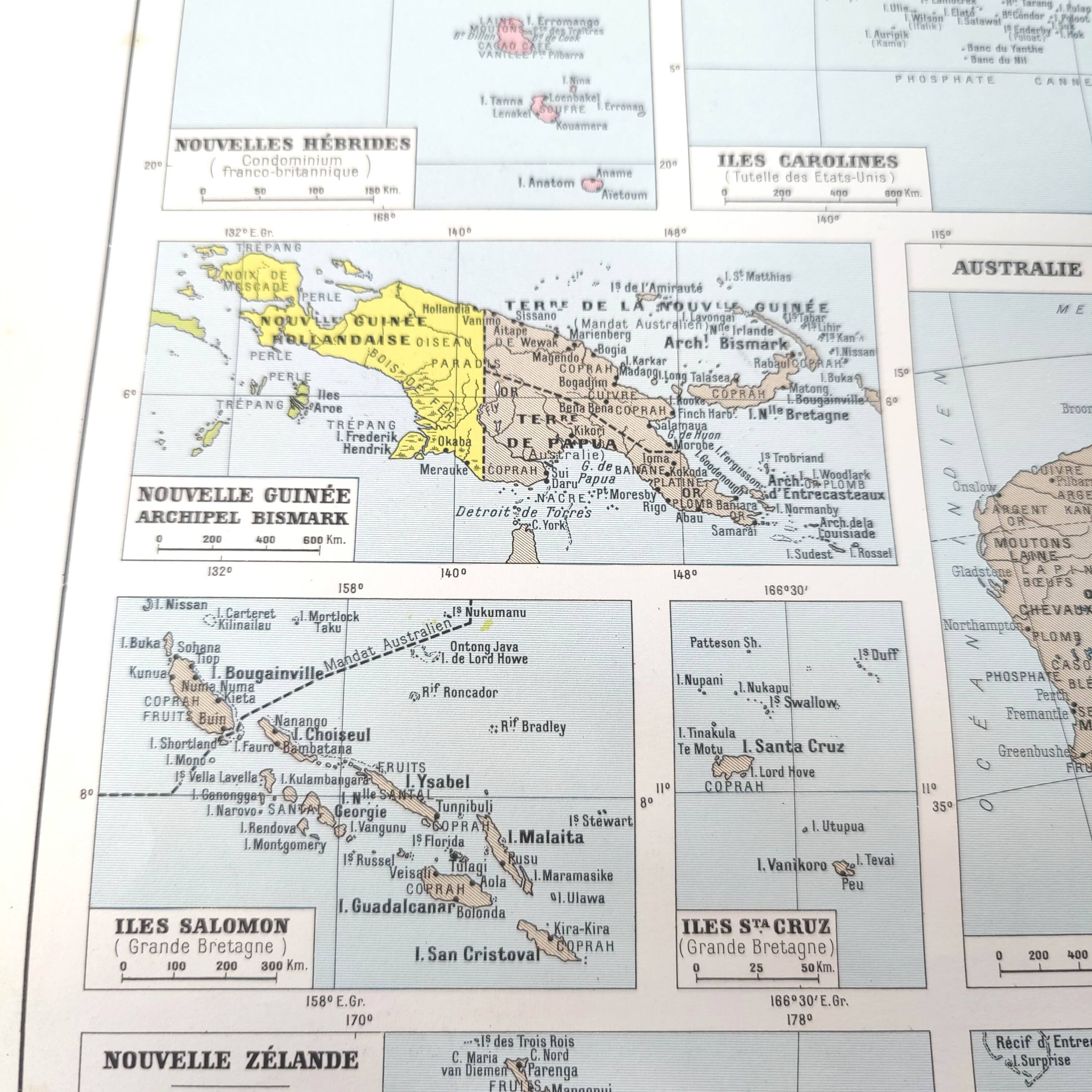 Vintage map on the islands of Oceania Australia Hawaii 43x43cm from 1950