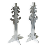 Pair of vintage sculpted chrome metal brutalist candlesticks - 1970s