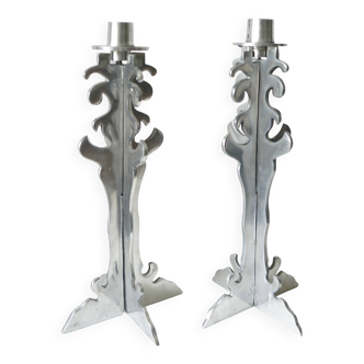 Pair of vintage sculpted chrome metal brutalist candlesticks - 1970s
