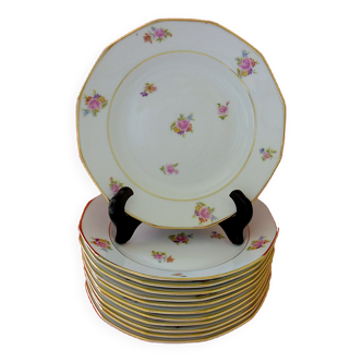 Suite de douze (12) assiettes à potage dodécagonales en porcelaine de Limoges à décor floral