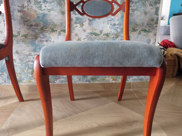 Rare- Lot de 4 chaises style Louis Philippe/restauration avec médaillon - Coloris bleu / merisier