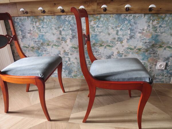 Rare- Lot de 4 chaises style Louis Philippe/restauration avec médaillon - Coloris bleu / merisier