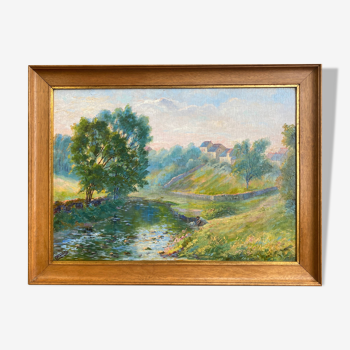 Huile sur panneau - Paysage de rivière