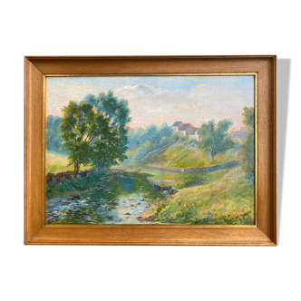 Huile sur panneau - Paysage de rivière