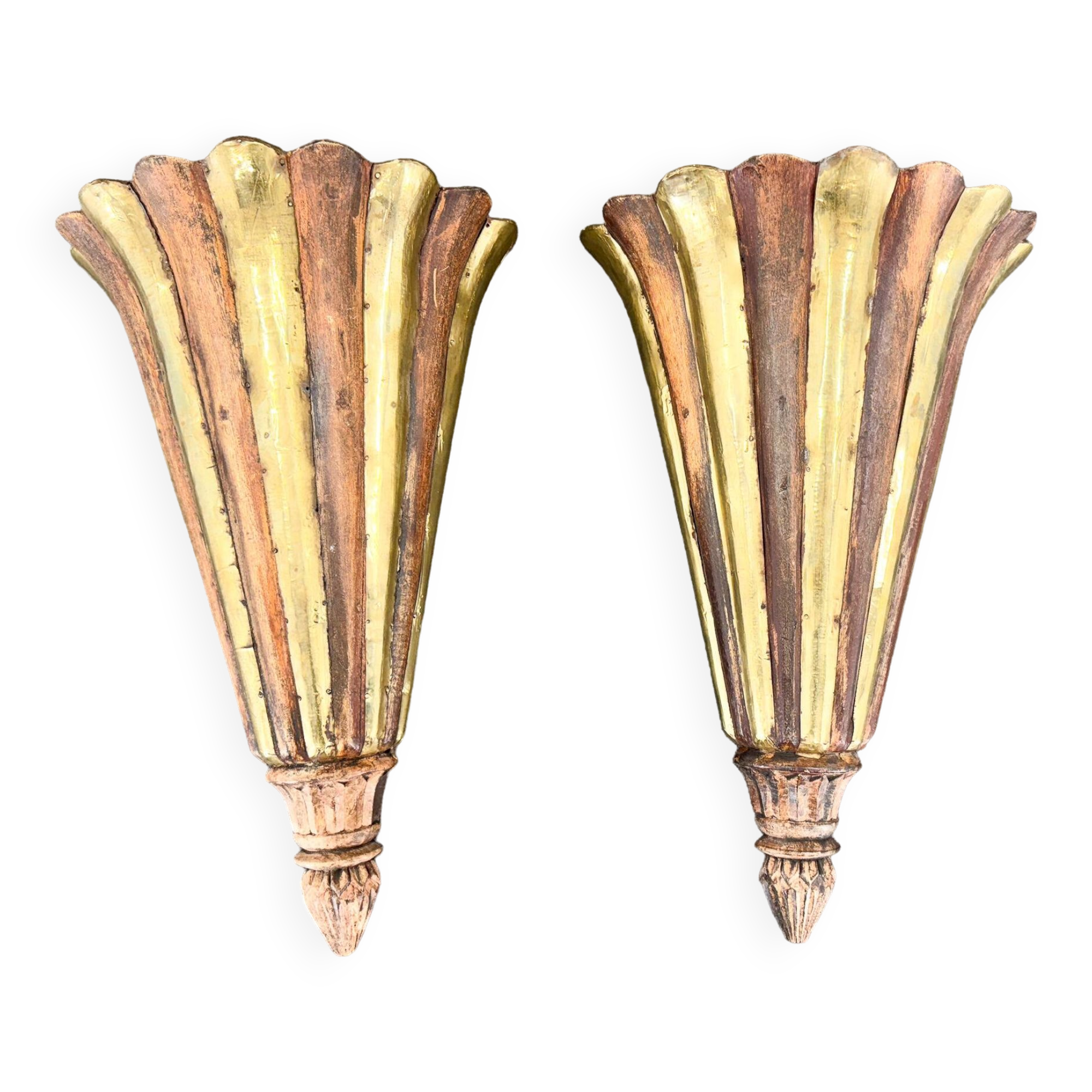 Antique Wood & Brass Wall Lights, France