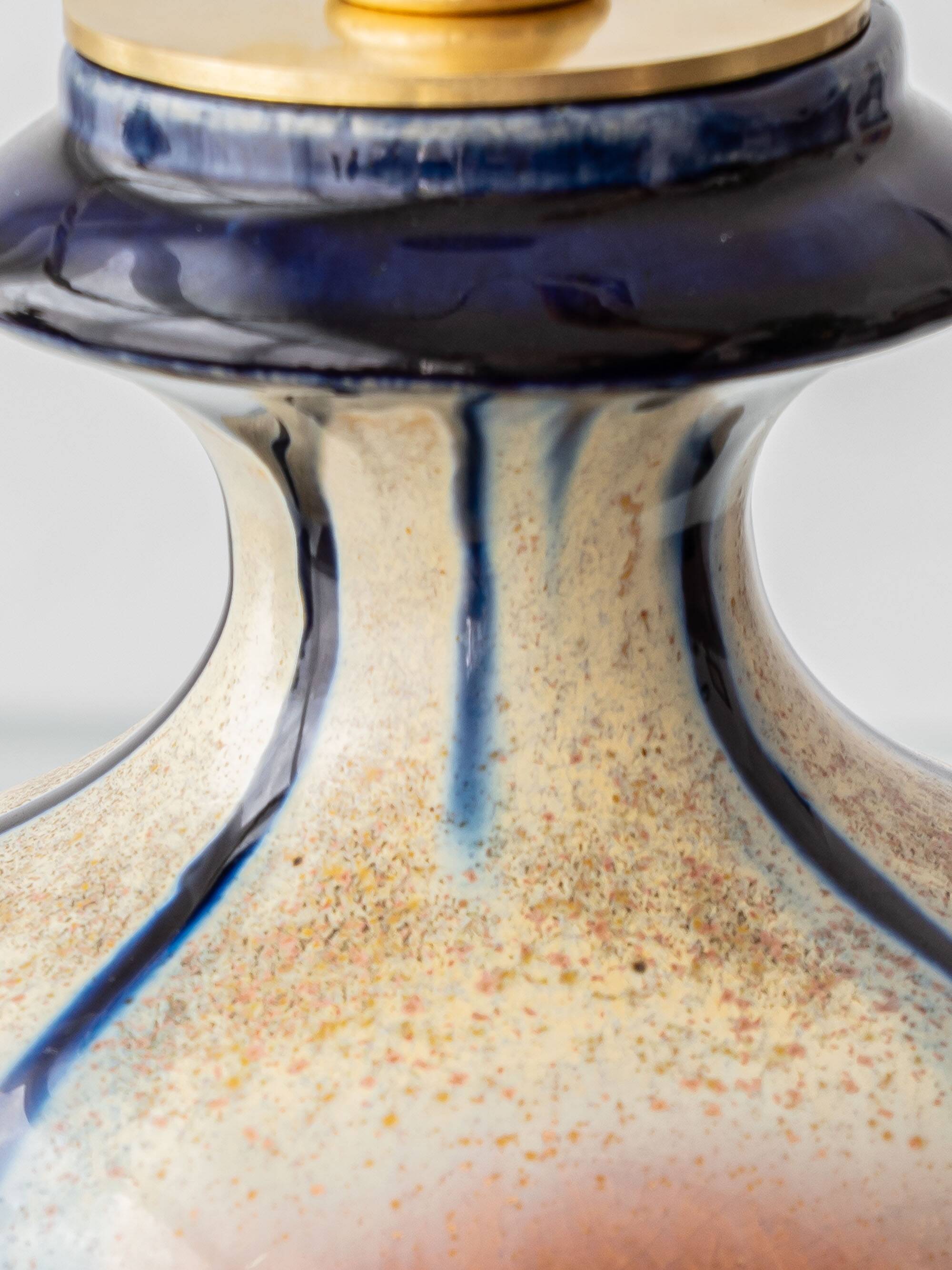 Belgian Art Deco Ceramic Table Lamps, Pair, Flambé Drip Glaze, New Silk Shades